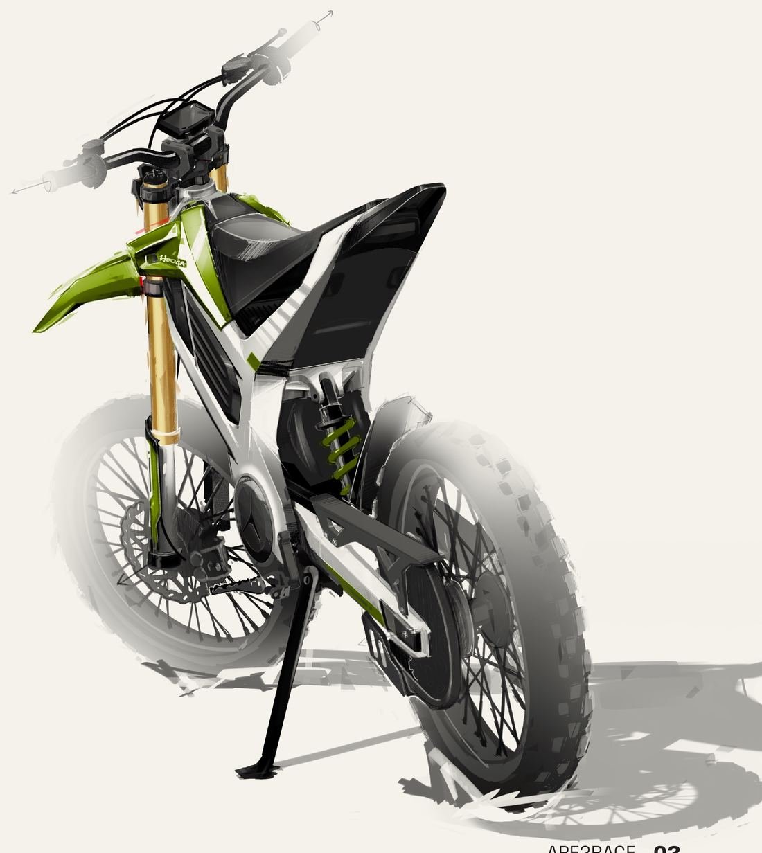 Concept sketch of an electric dirt bike with green bodywork and gold forks