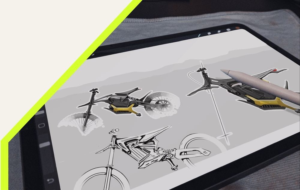 Dirt bike concept sketches on a tablet